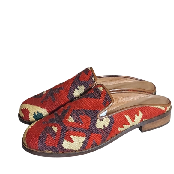 Vintage Red Brown Turkish Wool Rug Mules Slip Ons Stacked Wood Block Heels - Picture 16 of 16